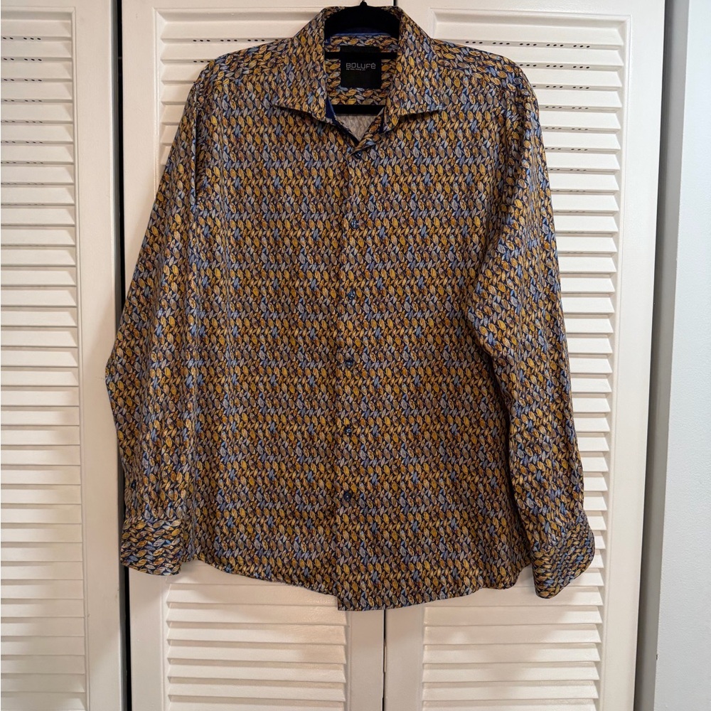 Men's Blue and Brown Casual Button Down Shirt